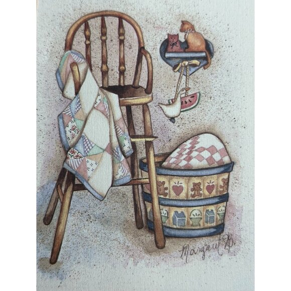 Margaret B. Signed Vintage Country Decor Matted Two Prints High Chair Blanket - Picture 2 of 9